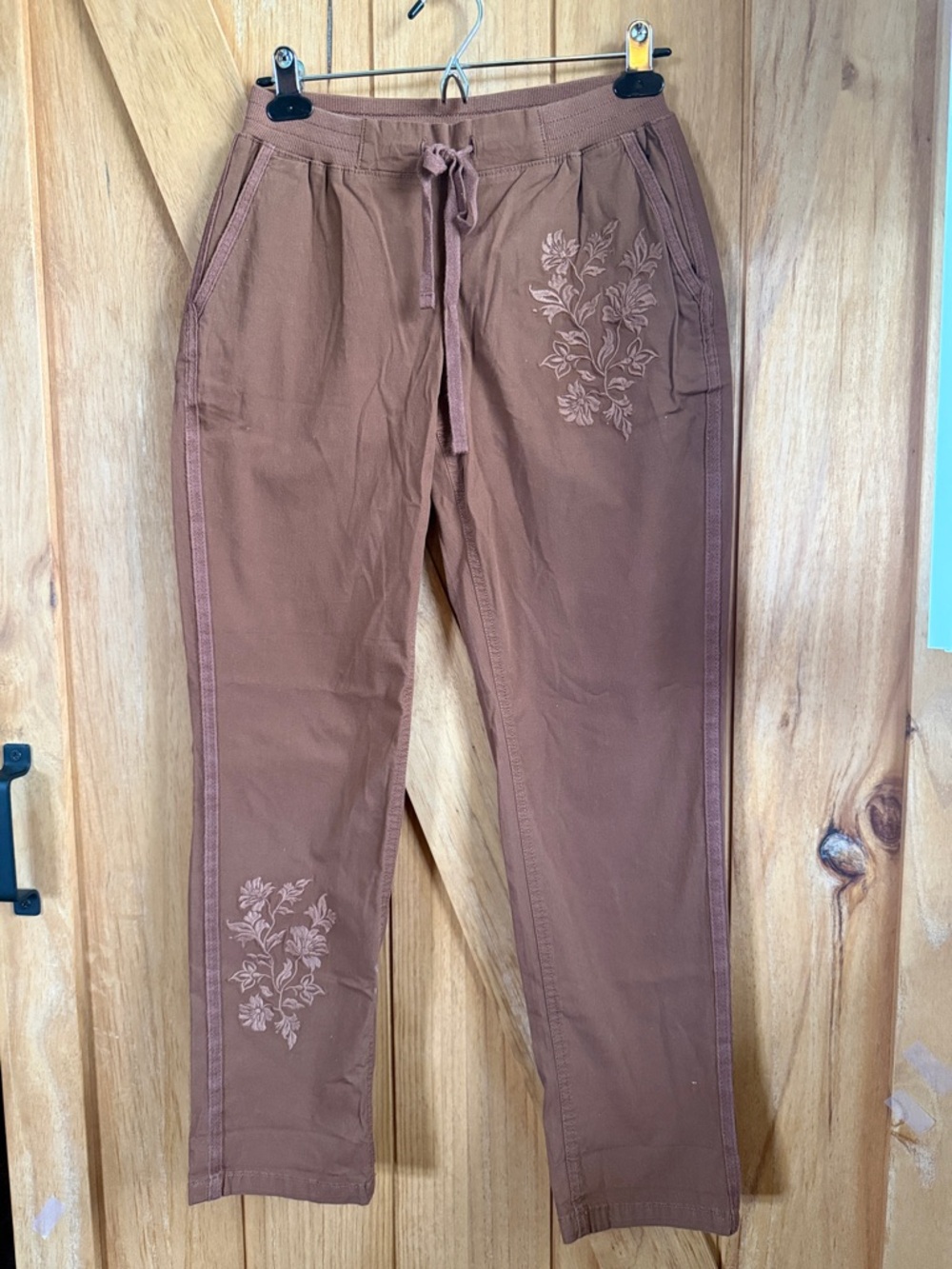 Style & Co. Brown Drawstring Pants with Floral Embroidery
